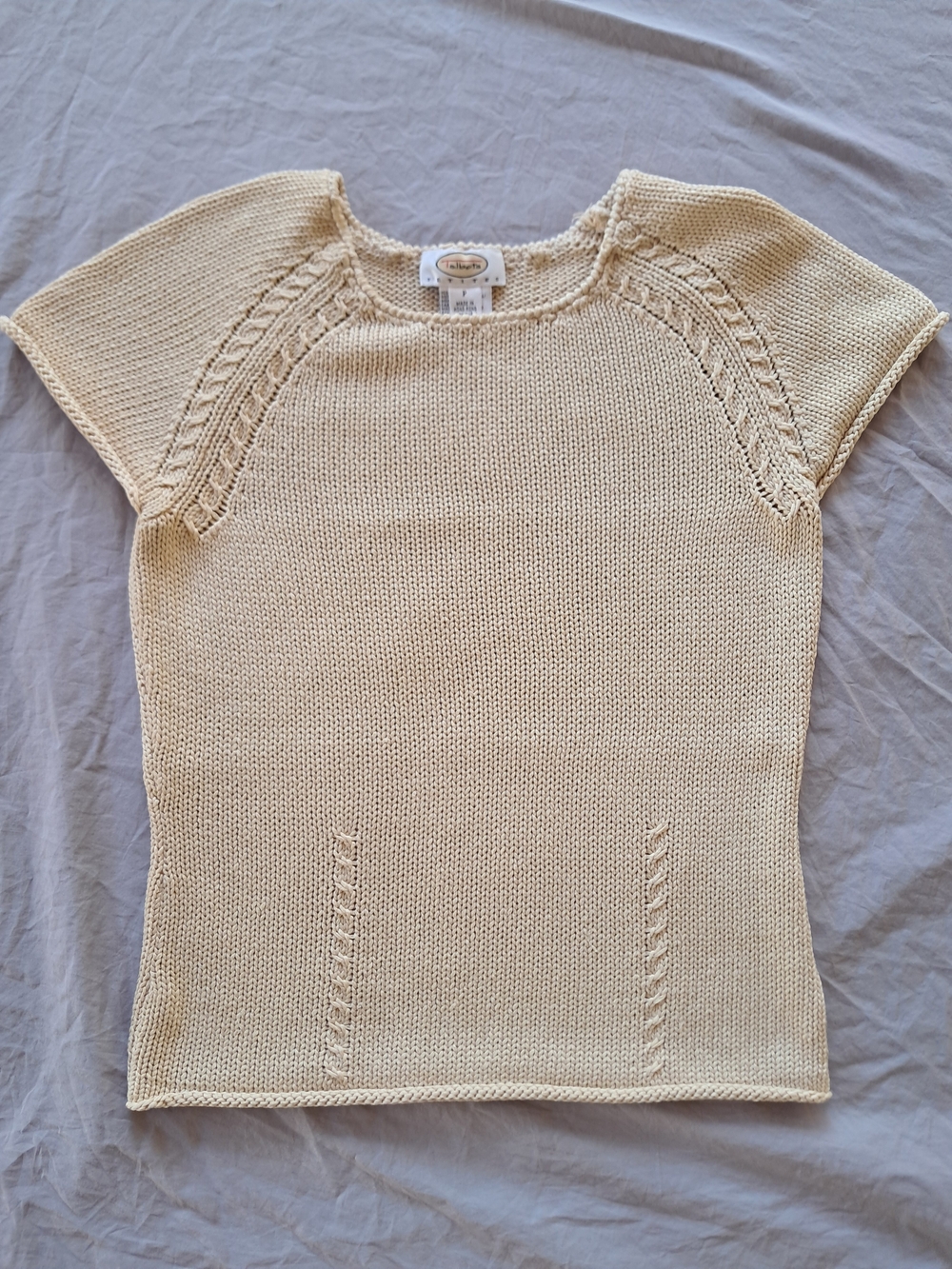 Talbots Vintage Cream Short-Sleeve Scoop Neck Knit Top with Cable Detail